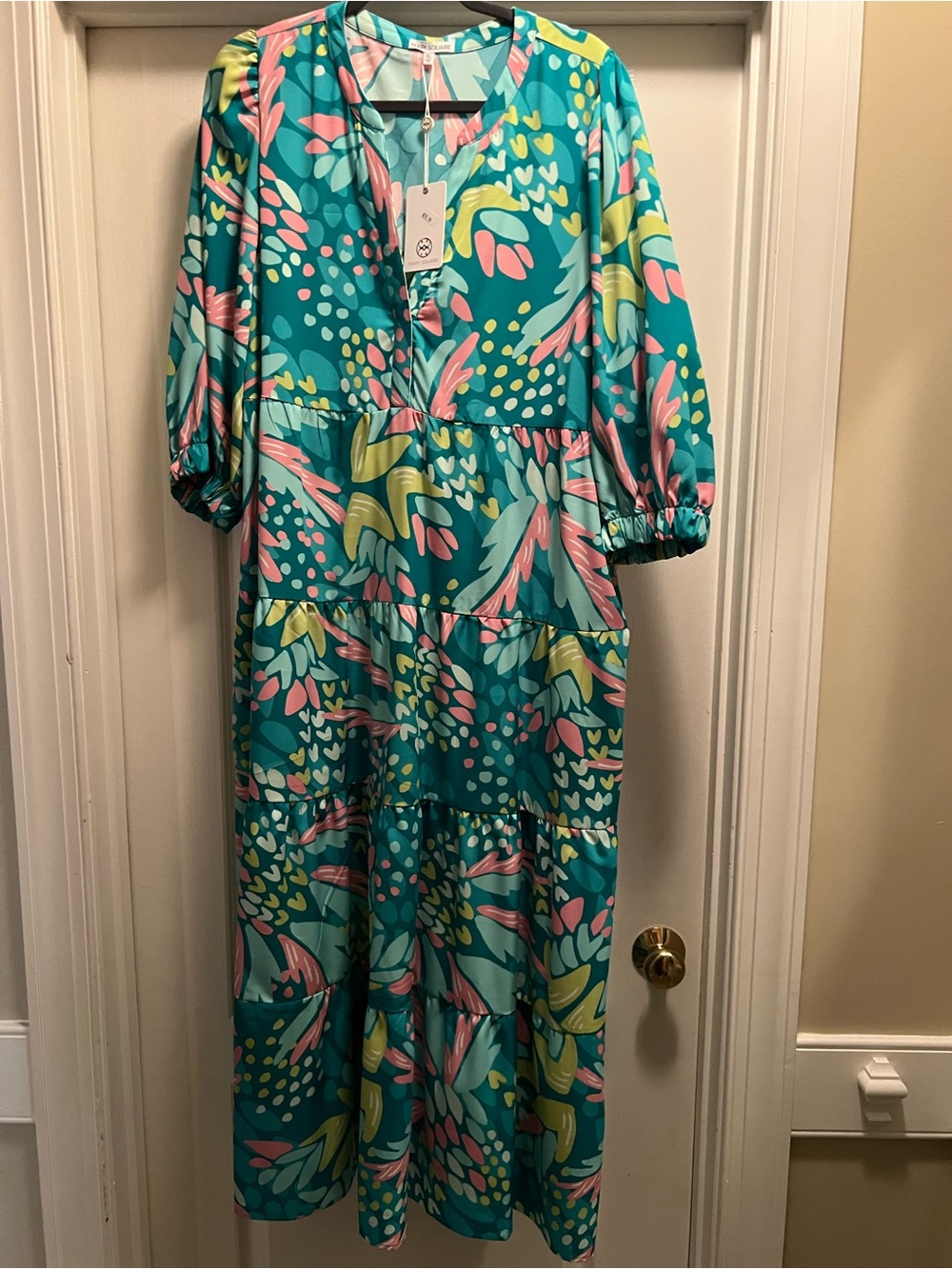 Teal Floral Tiered Midi Dress - Pink & Lime Print